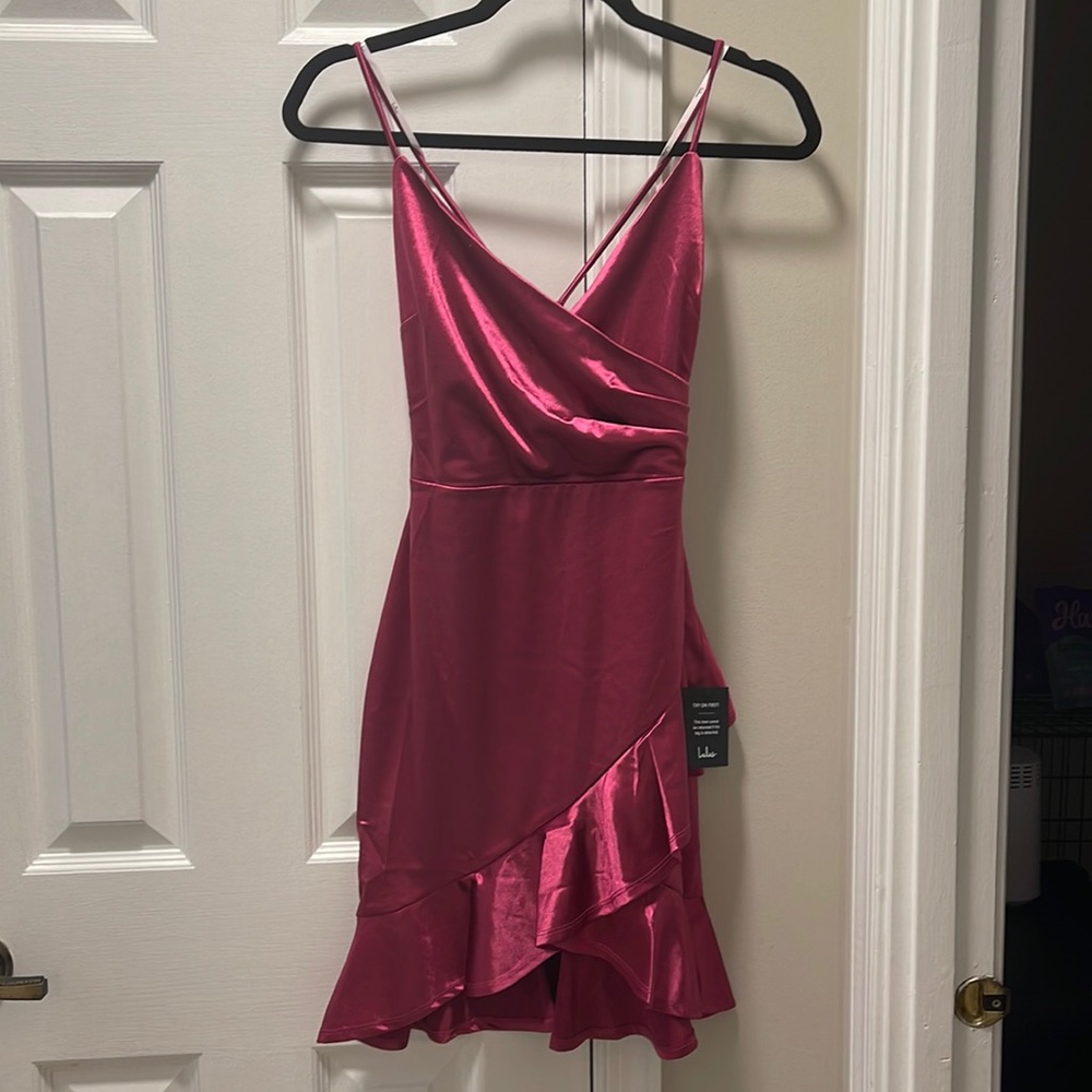 Brand new with tags- Romantic Nights Magenta Satin Ruffled Bodycon Mini Dress